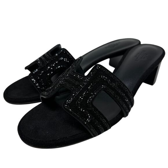 Hermes Oasis Block Heel Sandals Womens 37 US 6.5 Black Suede Arcane Rhinestone - Picture 2 of 10